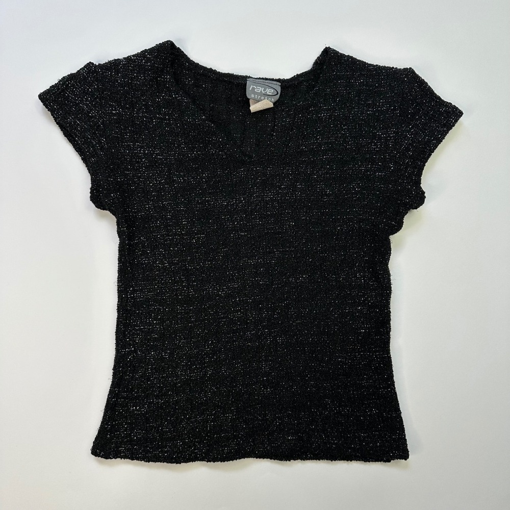 90s Rave Stretch Metallic Knit Top Black V Neck One Size Y2K Party Glam - Picture 7 of 8